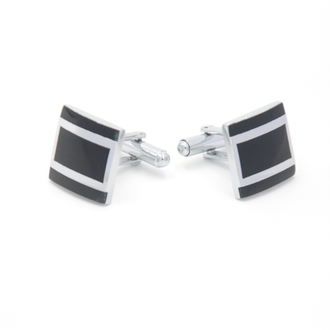 Two Silver Metal Stripes Black Square Cufflinks