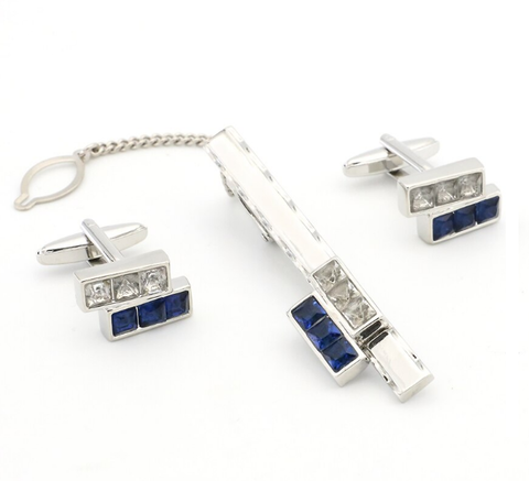 Cufflinks with tie clip blue crystal - 1