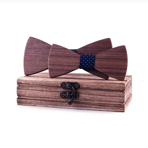 Set of men's and children's dark blue wooden bow tie with a pattern - 1
