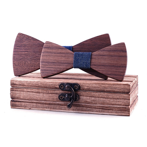 Men's and children's dark blue wooden bow tie set - 1