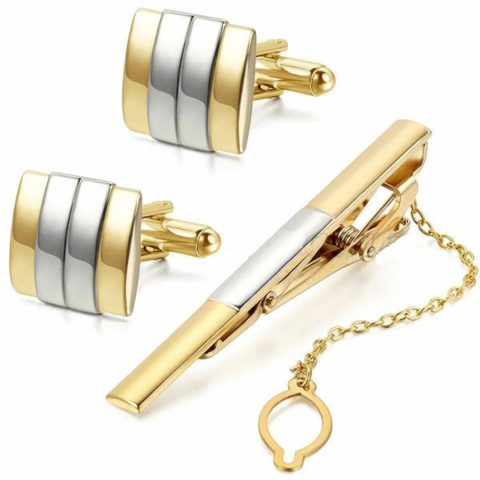 Silver Gold Metal Cufflinks and Tie Clip Set