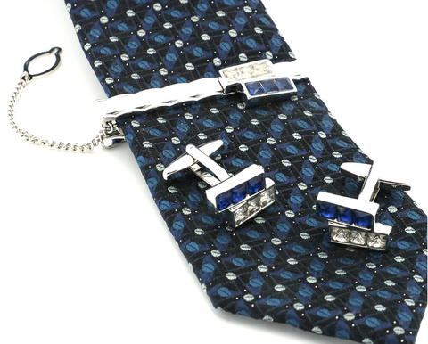 Cufflinks with tie clip blue crystal - 2
